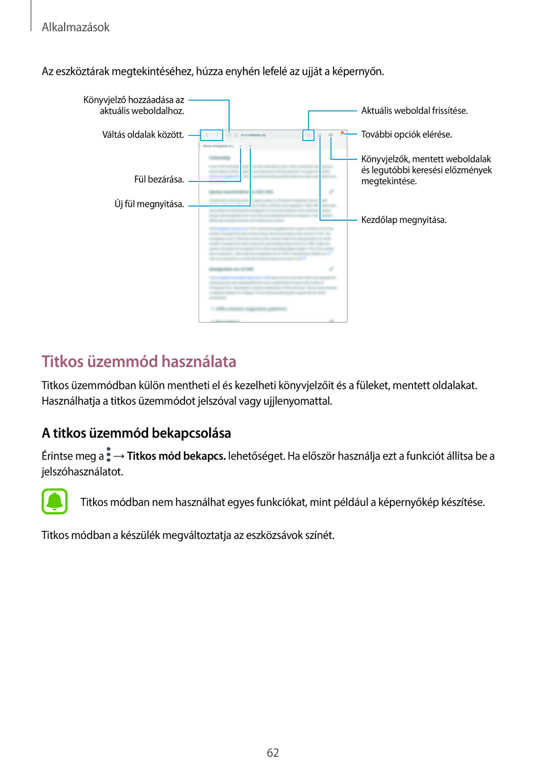 Samsung SM-T815NZWEXEH, SM-T715NZKEXEH, SM-T815NZKEXEH manual Titkos üzemmód használata, Titkos üzemmód bekapcsolása 