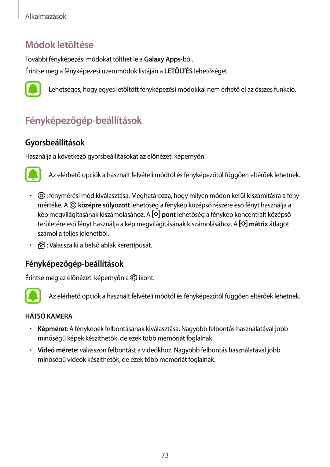 Samsung SM-T815NZKEXEH, SM-T715NZKEXEH, SM-T815NZWEXEH manual Módok letöltése, Fényképezőgép-beállítások, Gyorsbeállítások 