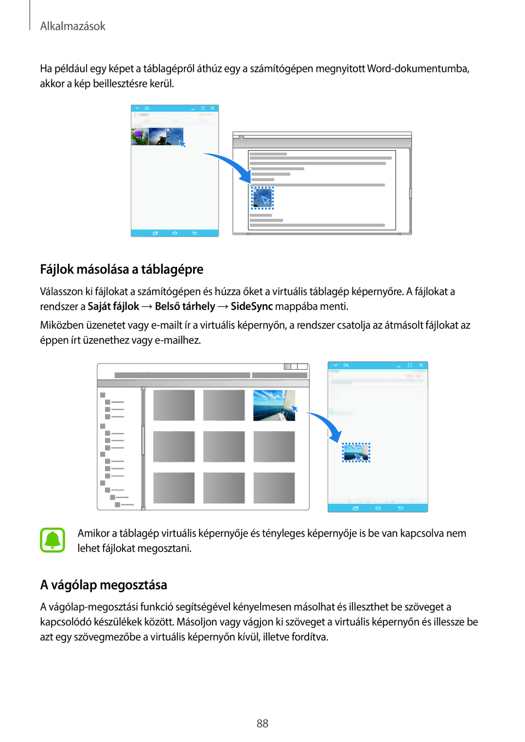 Samsung SM-T715NZKEXEH, SM-T815NZKEXEH, SM-T815NZWEXEH, SM-T715NZWEXEH manual Fájlok másolása a táblagépre, Vágólap megosztása 