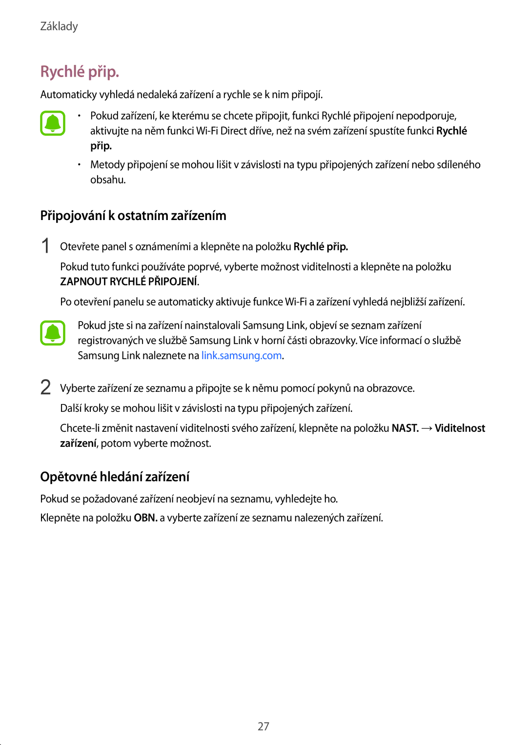 Samsung SM-T715NZKEXEZ, SM-T715NZKEXEH manual Rychlé přip, Připojování k ostatním zařízením, Opětovné hledání zařízení 