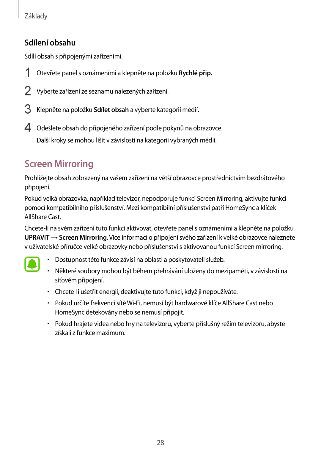 Samsung SM-T715NZKEXEH, SM-T715NZKEXEZ, SM-T715NZKEPAN, SM-T715NZWEXSK, SM-T715NZWEXEZ manual Screen Mirroring, Sdílení obsahu 