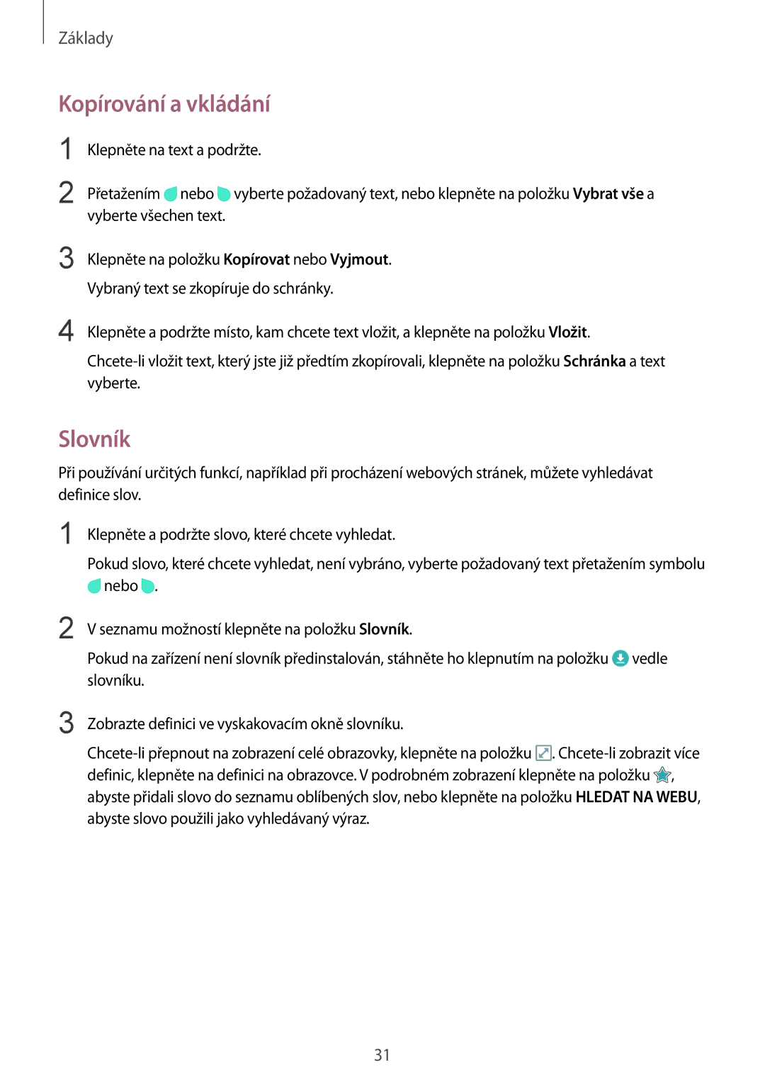 Samsung SM-T715NZWEXEZ, SM-T715NZKEXEZ, SM-T715NZKEXEH, SM-T715NZKEPAN, SM-T715NZWEXSK manual Kopírování a vkládání, Slovník 