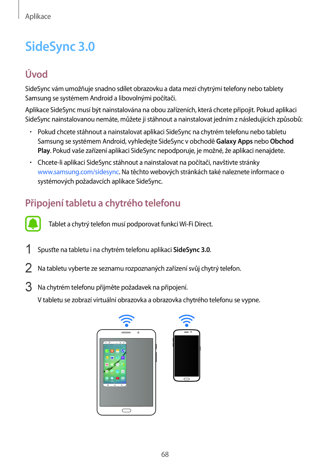 Samsung SM-T715NZWEEUR, SM-T715NZKEXEZ, SM-T715NZKEXEH, SM-T715NZKEPAN manual SideSync, Připojení tabletu a chytrého telefonu 