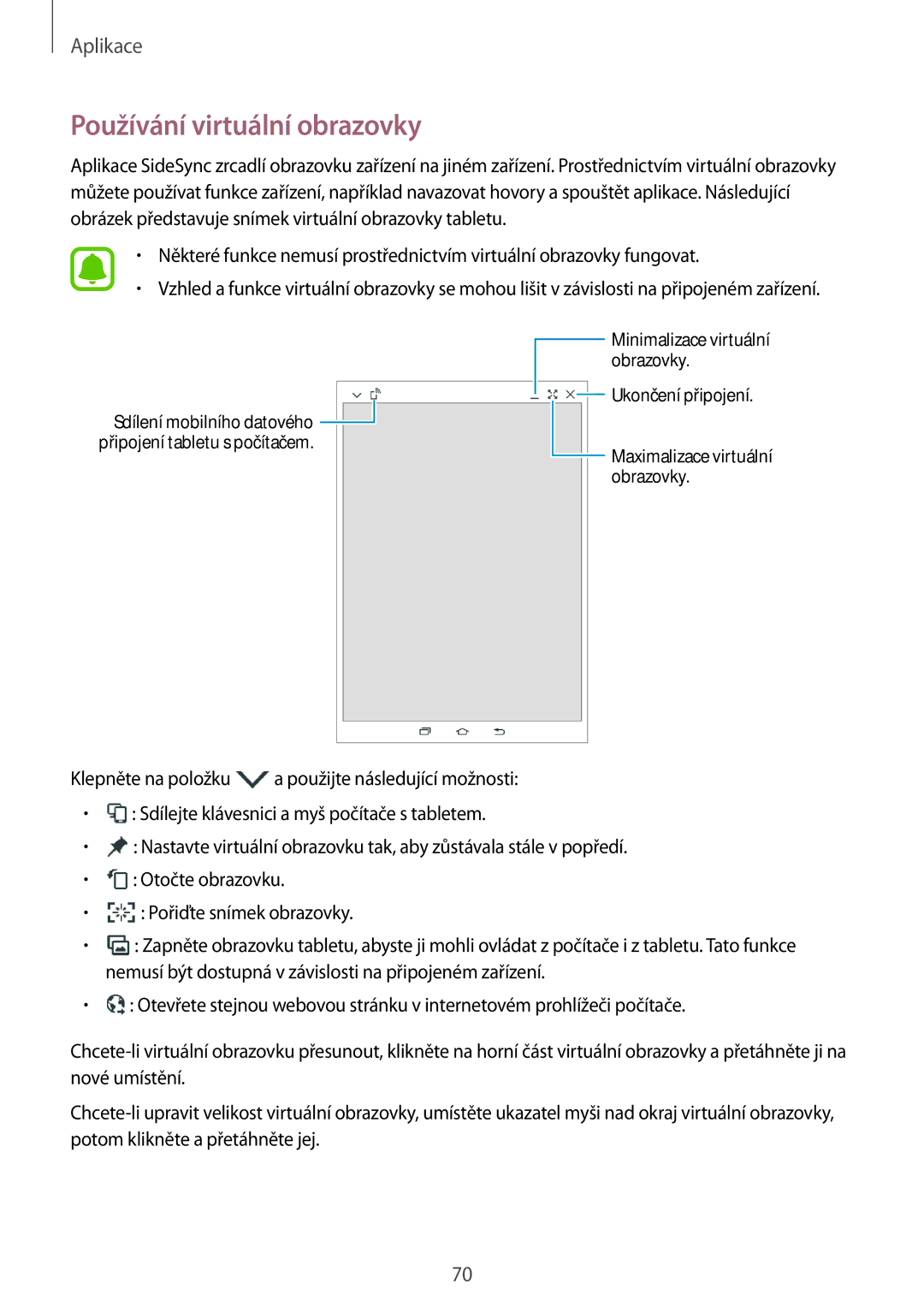 Samsung SM-T715NZKEXSK, SM-T715NZKEXEZ, SM-T715NZKEXEH, SM-T715NZKEPAN, SM-T715NZWEXSK manual Používání virtuální obrazovky 