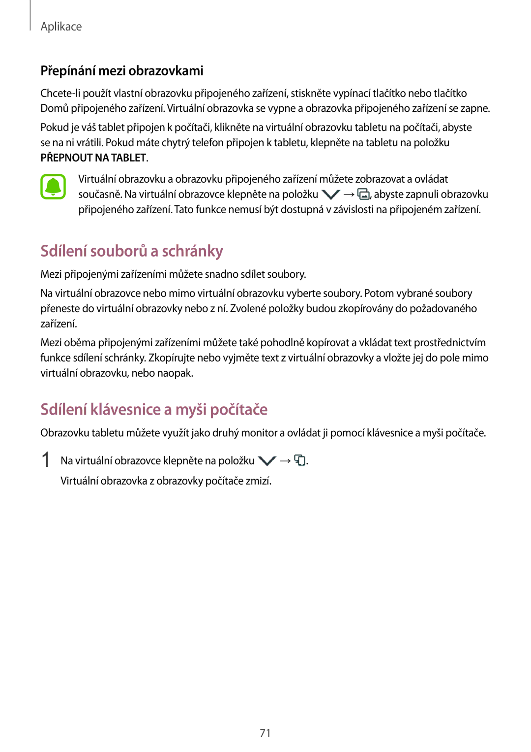 Samsung SM-T715NZWEXEH manual Sdílení souborů a schránky, Sdílení klávesnice a myši počítače, Přepínání mezi obrazovkami 