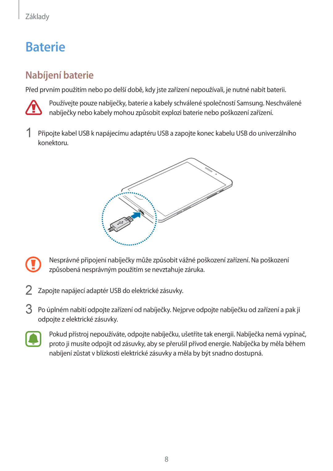 Samsung SM-T715NZWEXEH, SM-T715NZKEXEZ, SM-T715NZKEXEH, SM-T715NZKEPAN, SM-T715NZWEXSK manual Baterie, Nabíjení baterie 