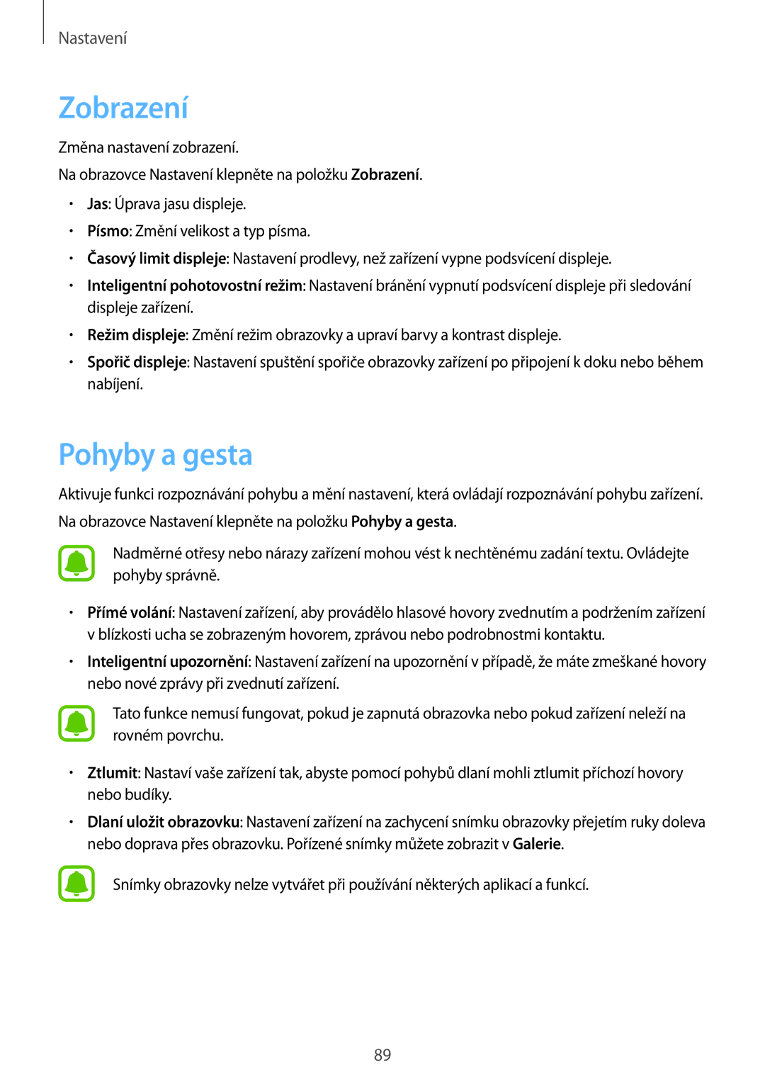 Samsung SM-T715NZWEXEH, SM-T715NZKEXEZ, SM-T715NZKEXEH, SM-T715NZKEPAN, SM-T715NZWEXSK manual Zobrazení, Pohyby a gesta 