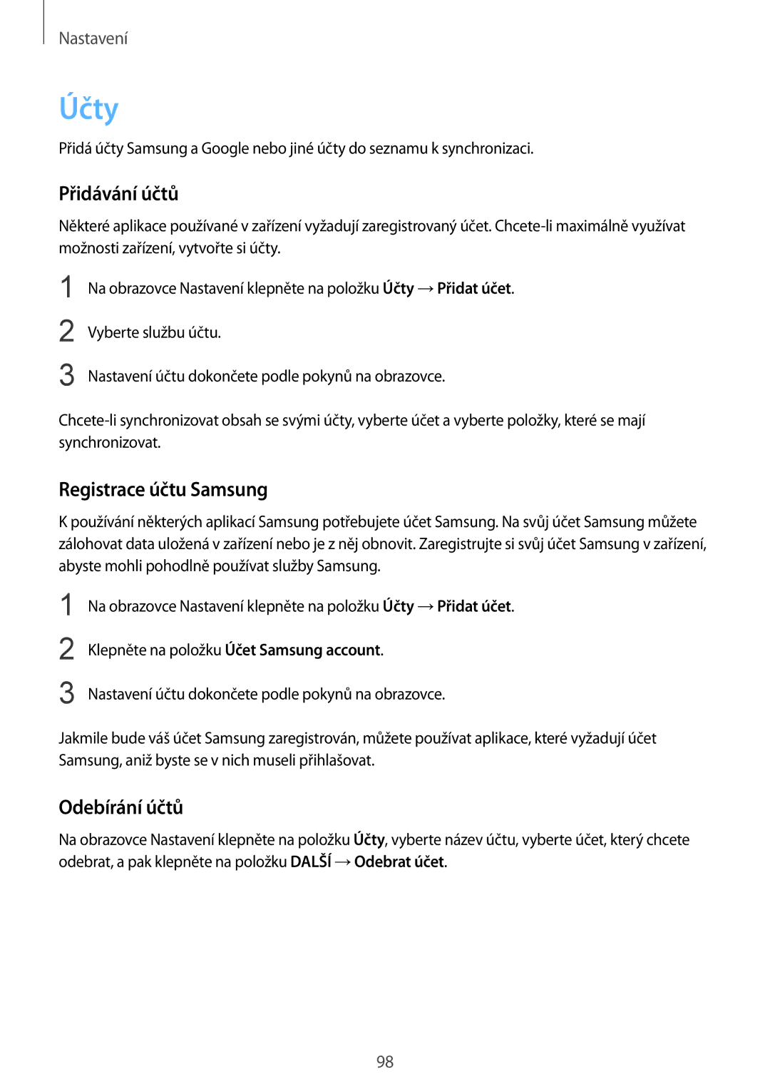 Samsung SM-T715NZWEXEH, SM-T715NZKEXEZ, SM-T715NZKEXEH manual Účty, Přidávání účtů, Registrace účtu Samsung, Odebírání účtů 