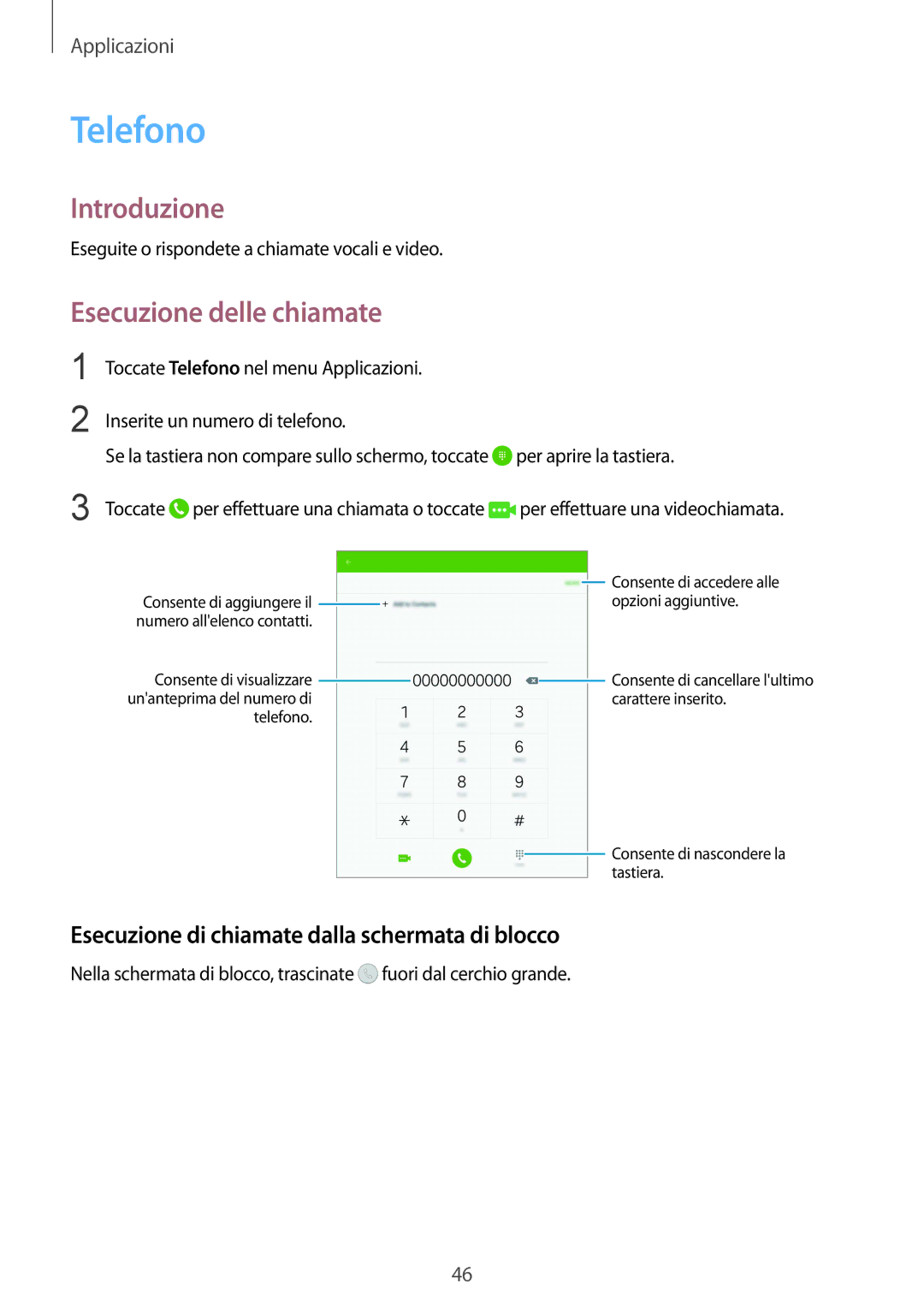 Samsung SM-T715NZKEXEO manual Telefono, Esecuzione delle chiamate, Esecuzione di chiamate dalla schermata di blocco 