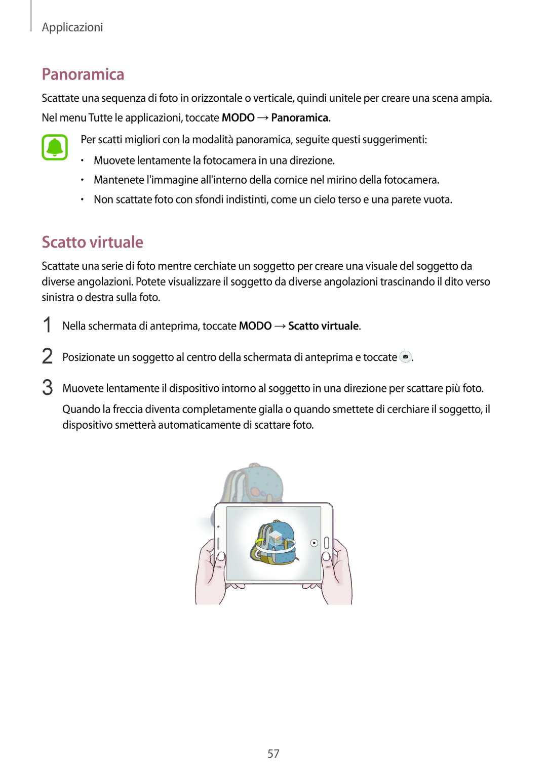 Samsung SM-T715NZWEITV, SM-T715NZWEDBT, SM-T715NZKEXEO, SM-T715NZDEITV, SM-T715NZKEITV manual Panoramica, Scatto virtuale 