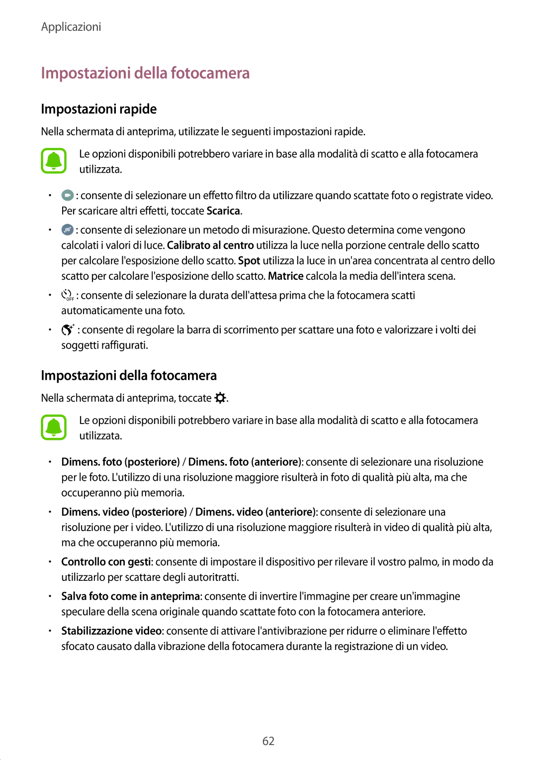 Samsung SM-T715NZWEITV, SM-T715NZWEDBT, SM-T715NZKEXEO, SM-T715NZDEITV Impostazioni della fotocamera, Impostazioni rapide 