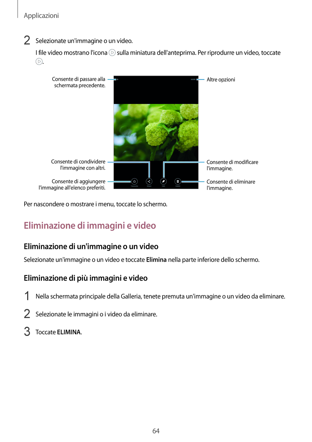 Samsung SM-T715NZKEITV, SM-T715NZWEDBT manual Eliminazione di immagini e video, Eliminazione di unimmagine o un video 