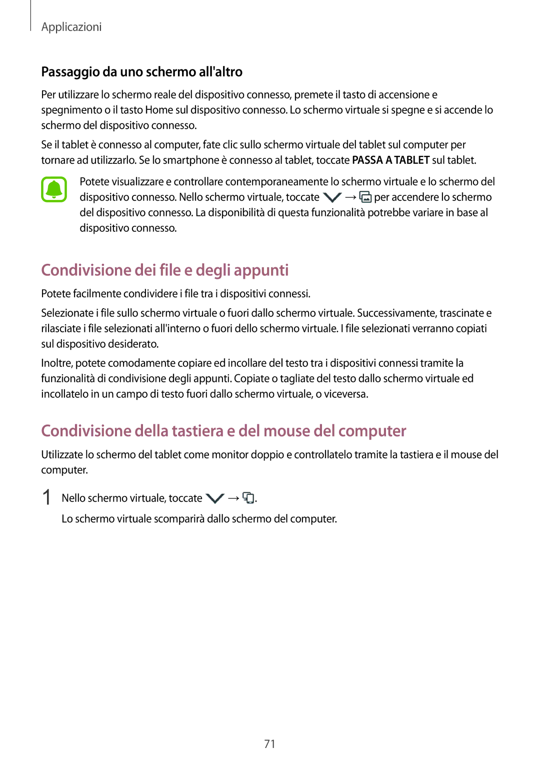 Samsung SM-T715NZKEXEO manual Condivisione dei file e degli appunti, Condivisione della tastiera e del mouse del computer 