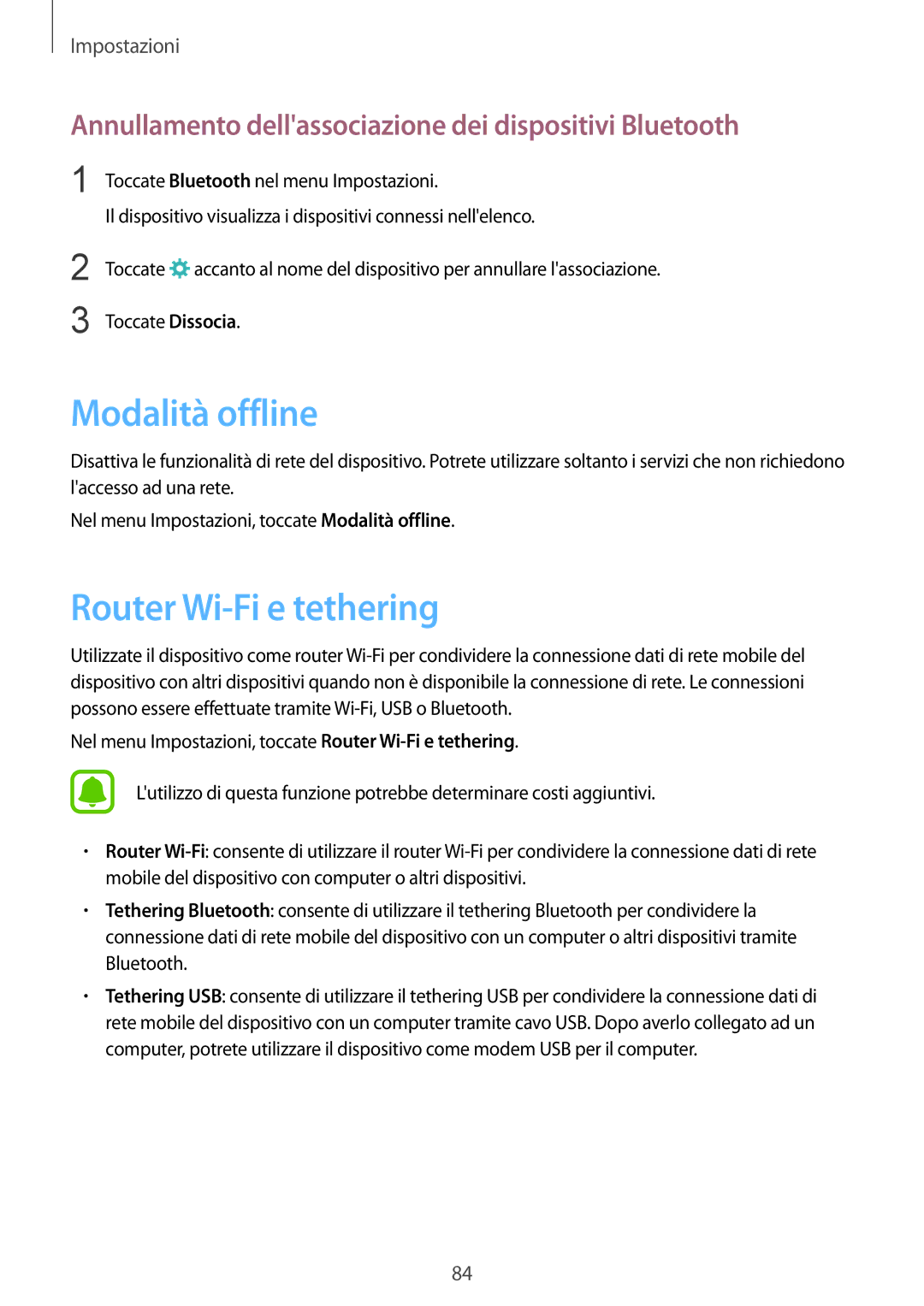 Samsung SM-T715NZKEITV Modalità offline, Router Wi-Fi e tethering, Annullamento dellassociazione dei dispositivi Bluetooth 