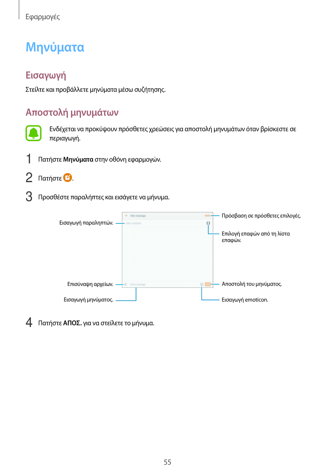 Samsung SM-T715NZKEEUR, SM-T715NZWEEUR, SM-T815NZKEEUR manual Μηνύματα, Αποστολή μηνυμάτων 