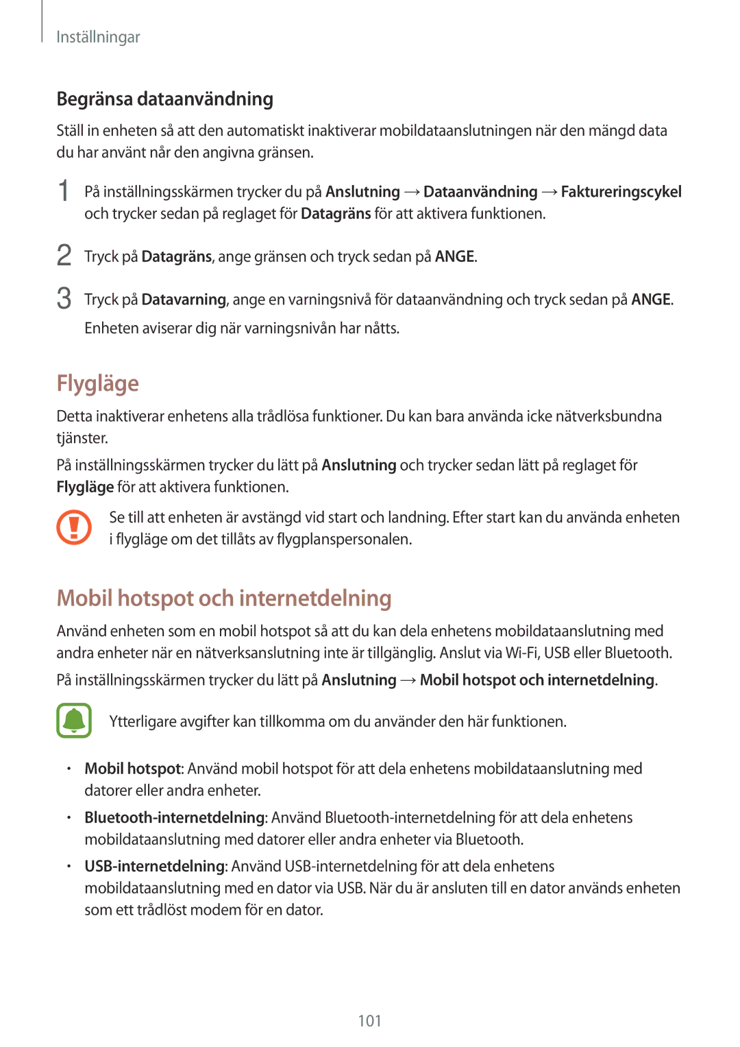 Samsung SM-T815NZWENEE, SM-T715NZWENEE manual Flygläge, Mobil hotspot och internetdelning, Begränsa dataanvändning 