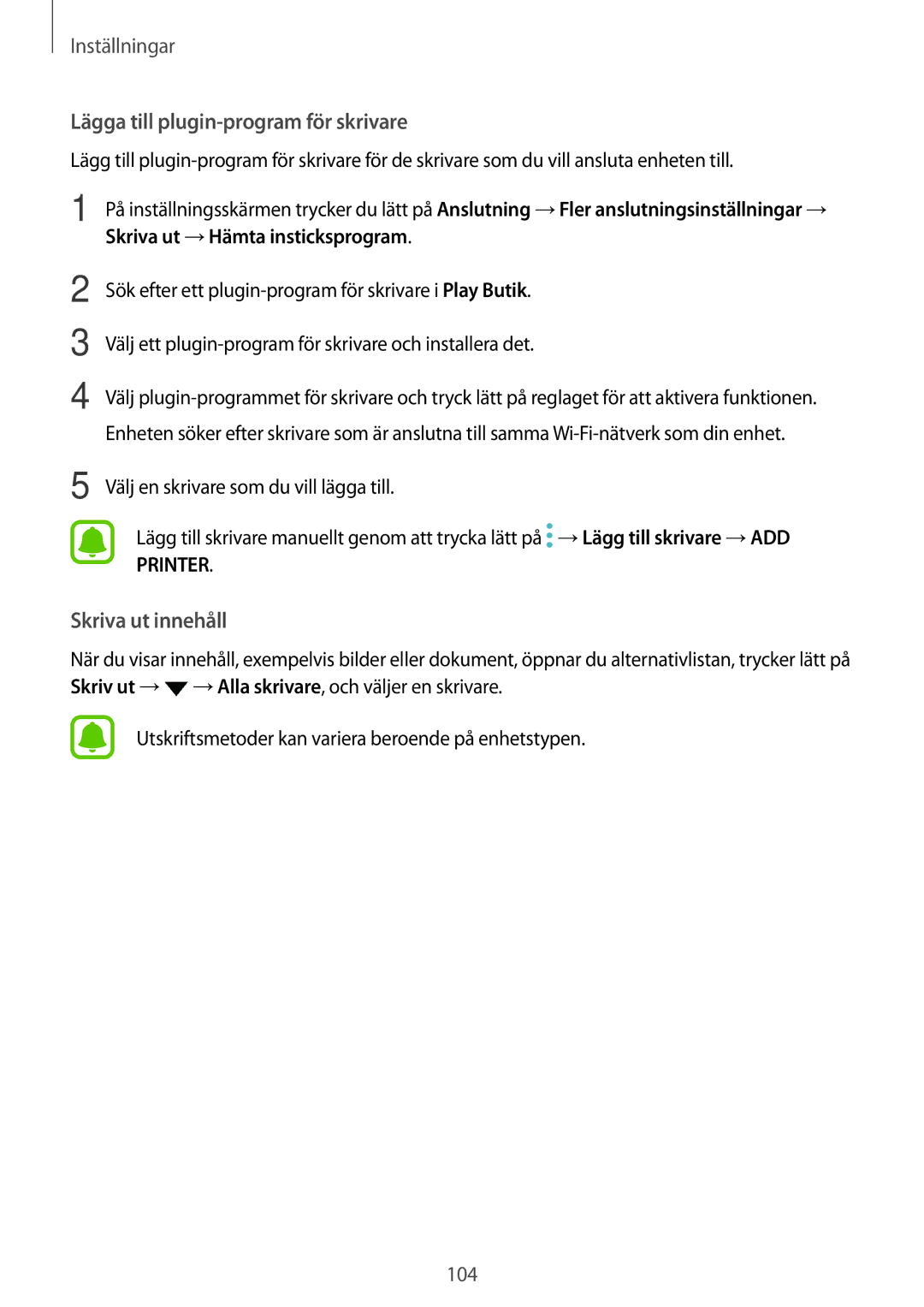 Samsung SM-T715NZWENEE, SM-T815NZWENEE manual Lägga till plugin-program för skrivare 