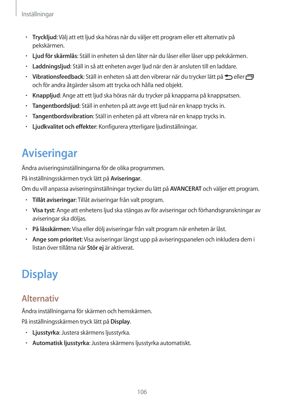 Samsung SM-T715NZWENEE, SM-T815NZWENEE manual Aviseringar, Display, Alternativ 