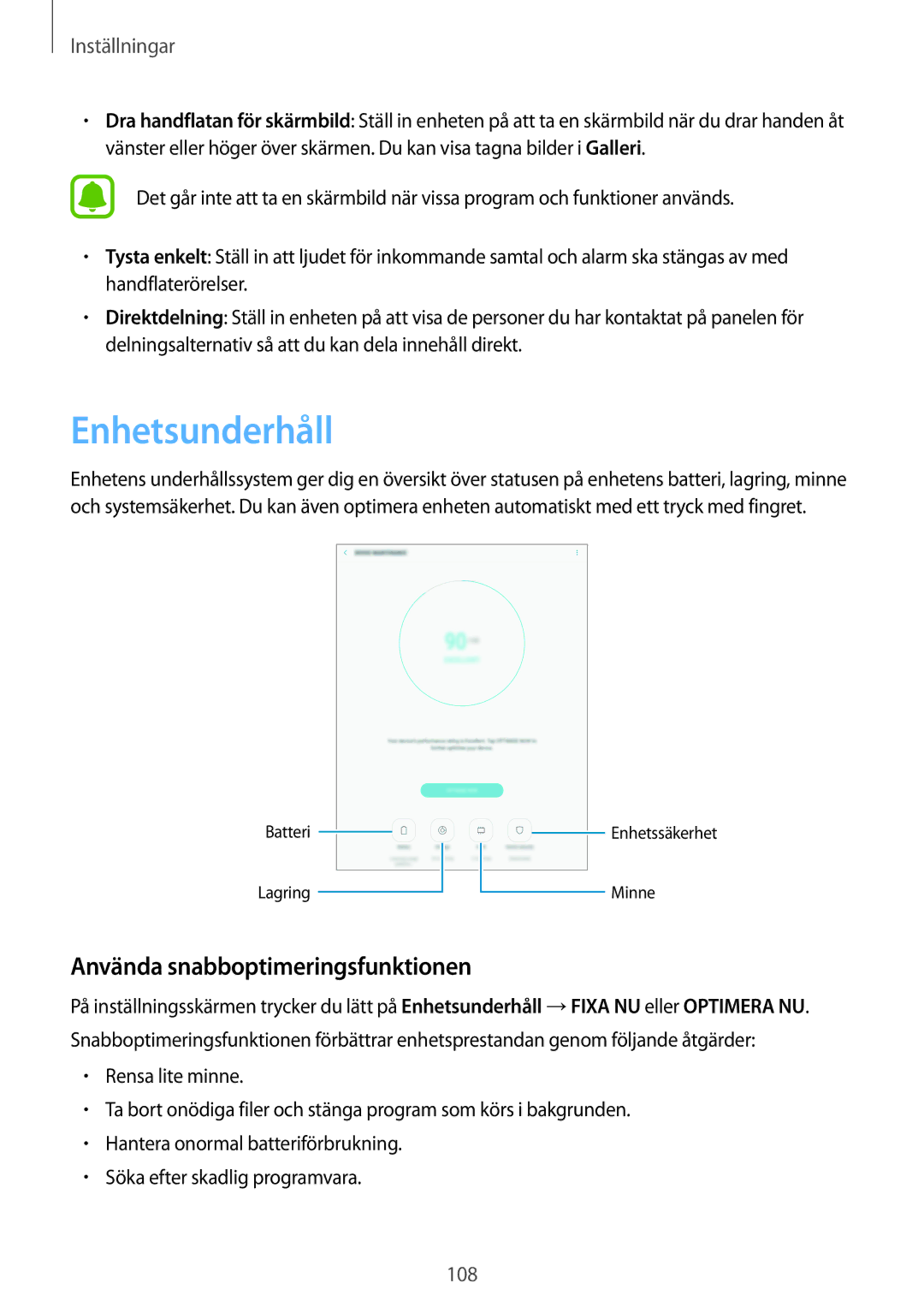 Samsung SM-T715NZWENEE, SM-T815NZWENEE manual Enhetsunderhåll, Använda snabboptimeringsfunktionen 