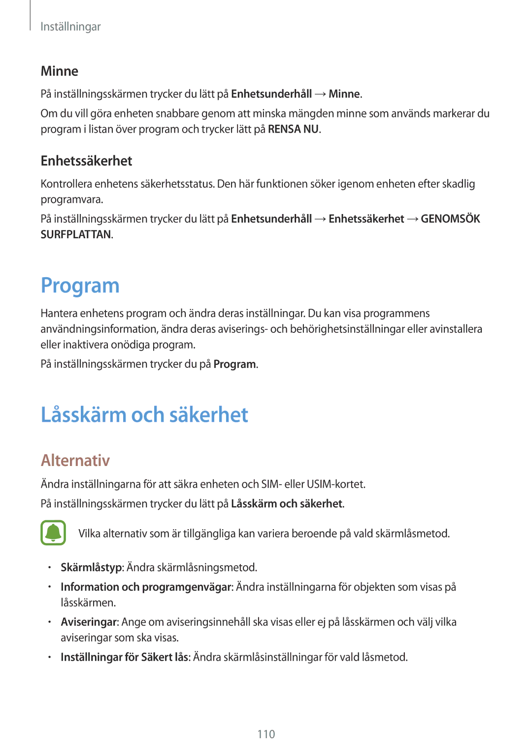 Samsung SM-T715NZWENEE, SM-T815NZWENEE manual Program, Låsskärm och säkerhet, Minne, Enhetssäkerhet 