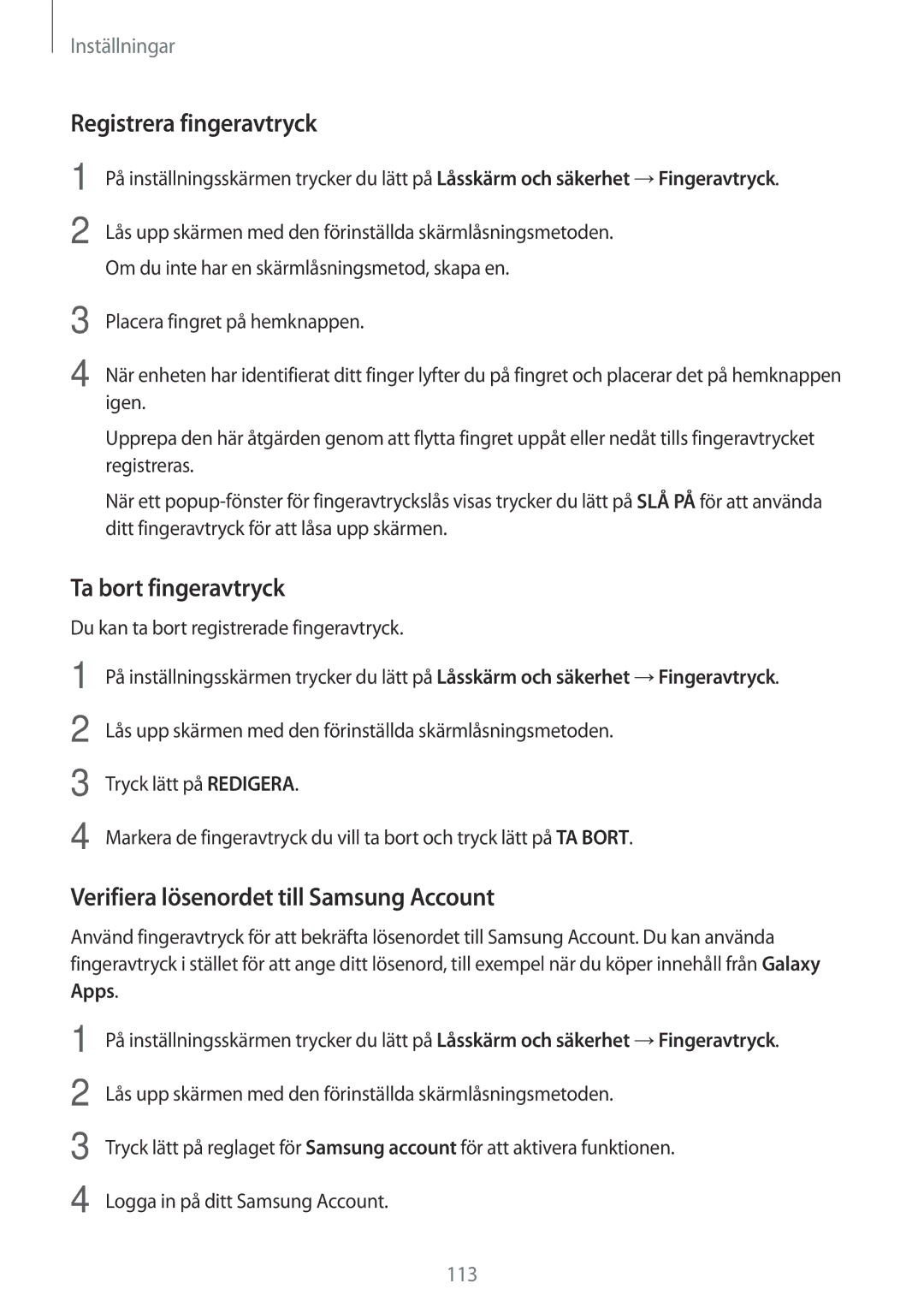 Samsung SM-T815NZWENEE manual Registrera fingeravtryck, Ta bort fingeravtryck, Verifiera lösenordet till Samsung Account 