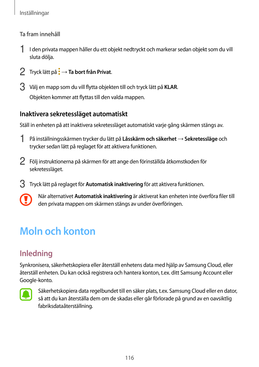 Samsung SM-T715NZWENEE, SM-T815NZWENEE manual Moln och konton, Inaktivera sekretessläget automatiskt 