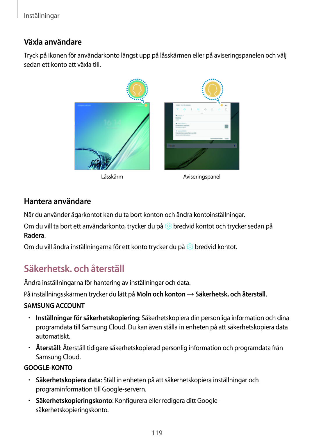 Samsung SM-T815NZWENEE, SM-T715NZWENEE manual Säkerhetsk. och återställ, Växla användare, Hantera användare 