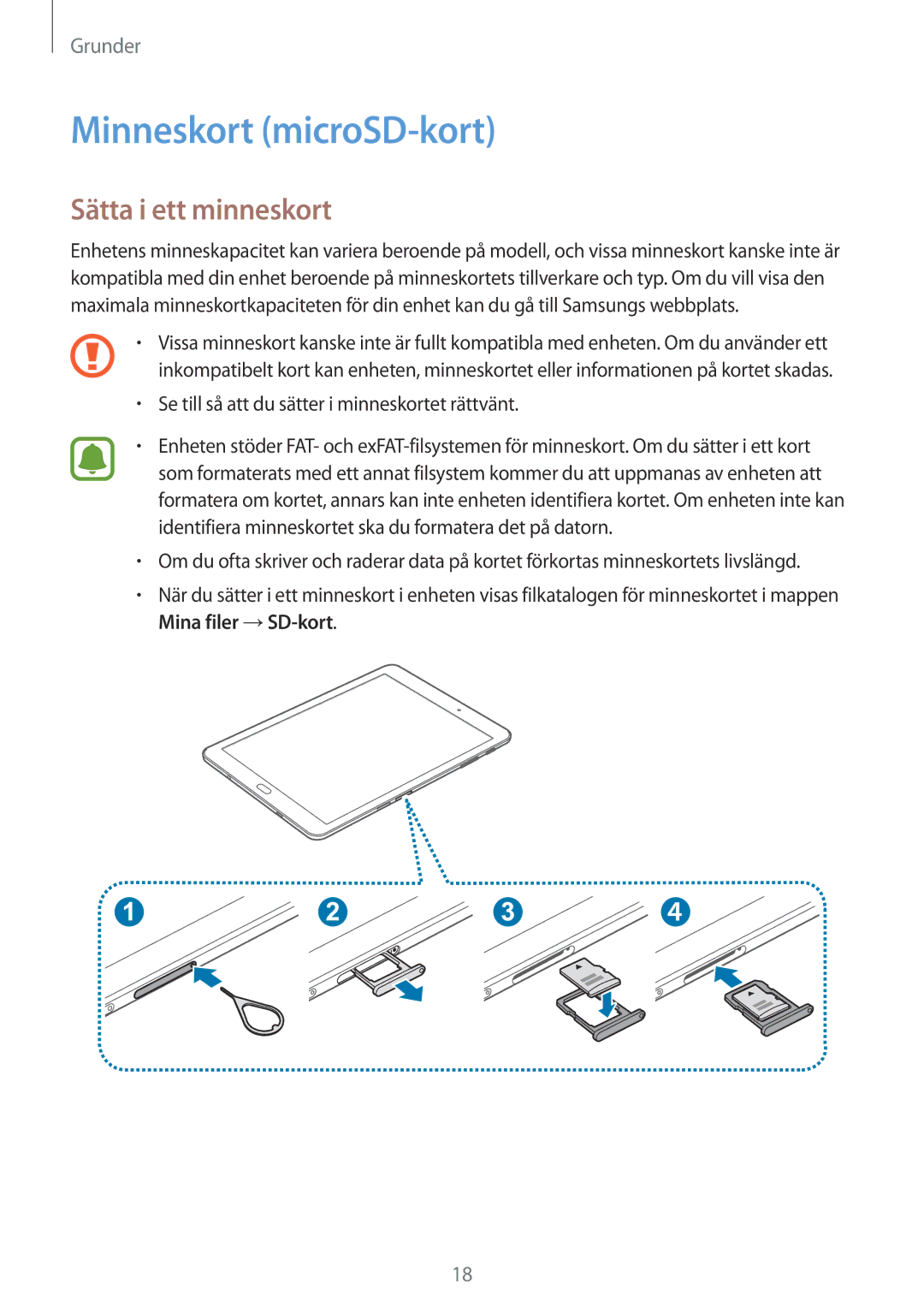 Samsung SM-T715NZWENEE, SM-T815NZWENEE manual Minneskort microSD-kort, Sätta i ett minneskort 