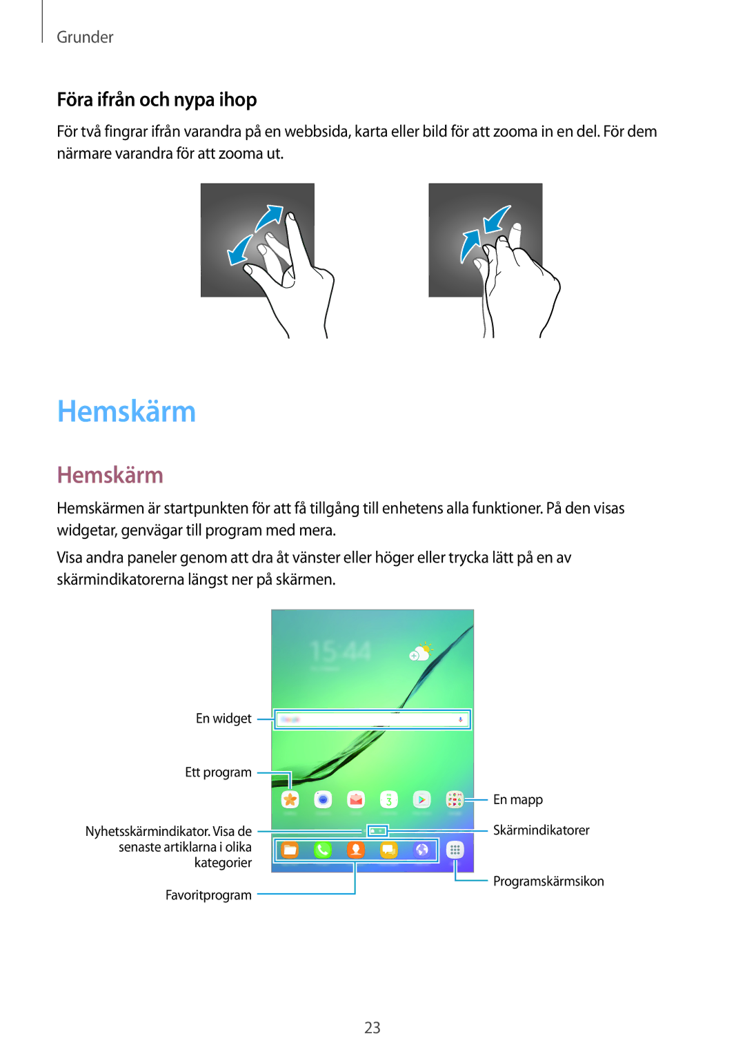 Samsung SM-T815NZWENEE, SM-T715NZWENEE manual Hemskärm, Föra ifrån och nypa ihop 