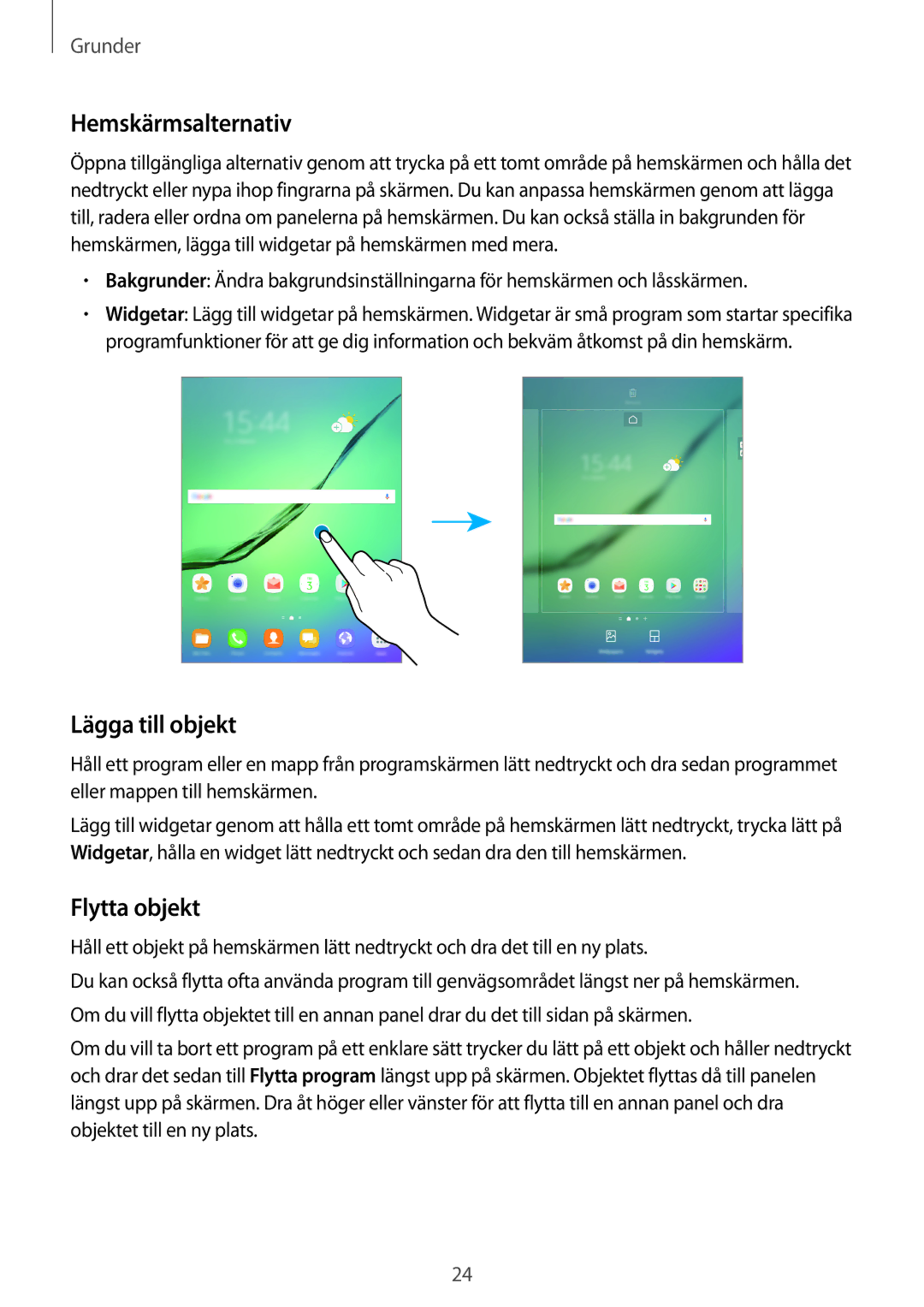 Samsung SM-T715NZWENEE, SM-T815NZWENEE manual Hemskärmsalternativ, Lägga till objekt, Flytta objekt 