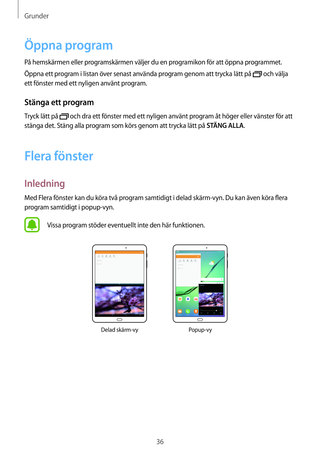 Samsung SM-T715NZWENEE, SM-T815NZWENEE manual Öppna program, Flera fönster, Inledning, Stänga ett program 