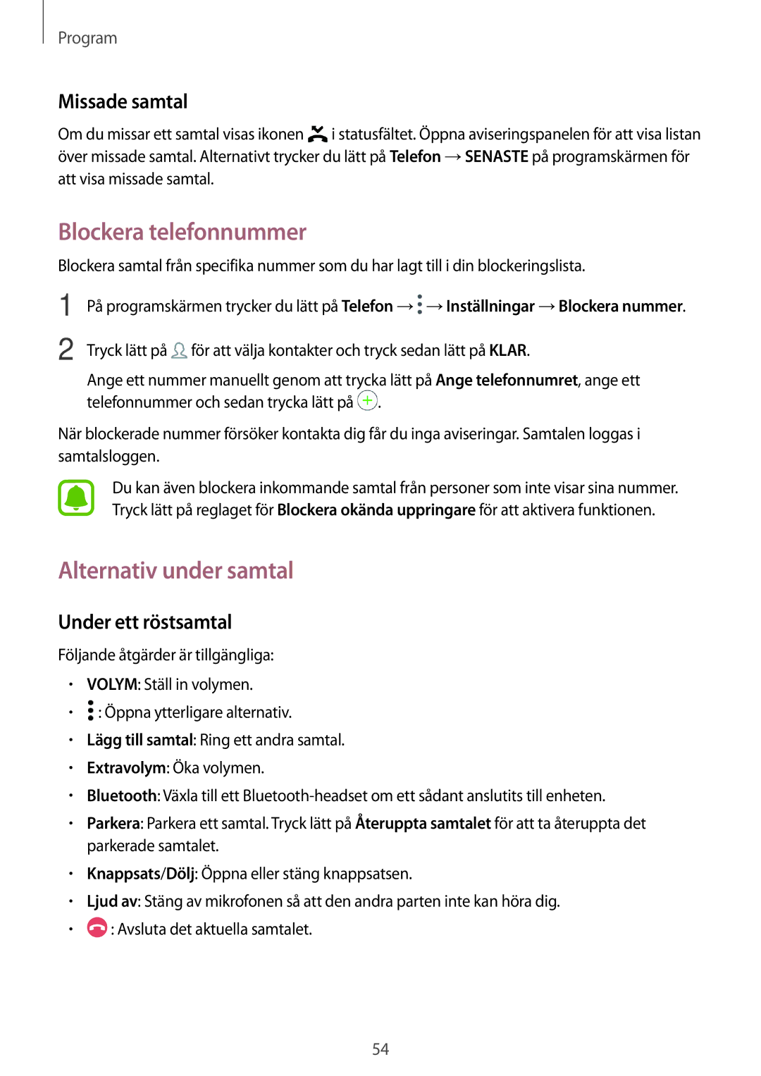 Samsung SM-T715NZWENEE manual Blockera telefonnummer, Alternativ under samtal, Missade samtal, Under ett röstsamtal 