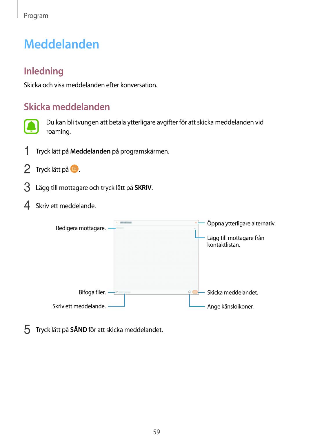 Samsung SM-T815NZWENEE, SM-T715NZWENEE manual Meddelanden, Skicka meddelanden 