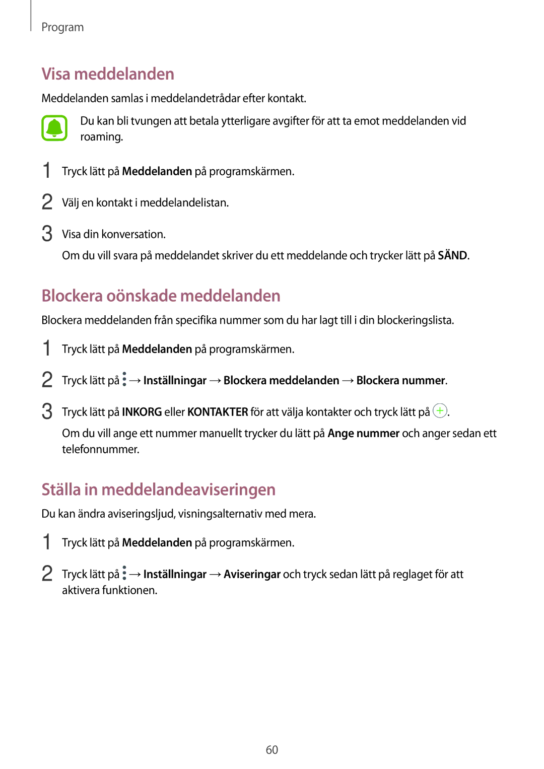 Samsung SM-T715NZWENEE, SM-T815NZWENEE Visa meddelanden, Blockera oönskade meddelanden, Ställa in meddelandeaviseringen 