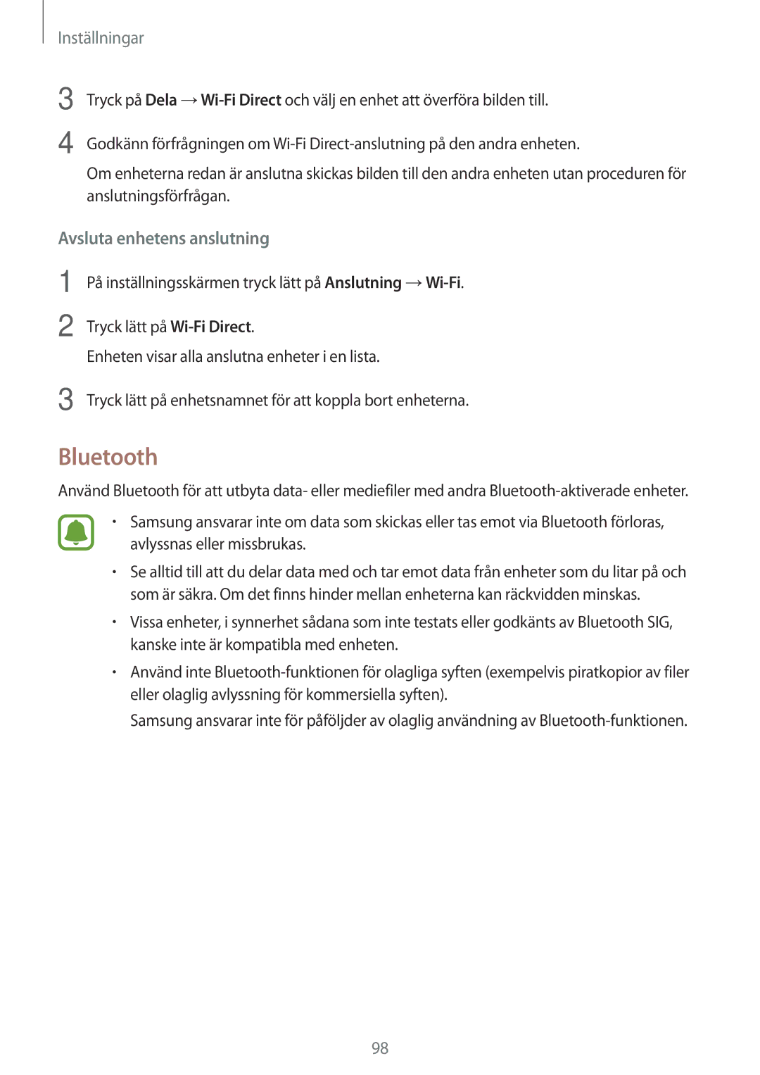 Samsung SM-T715NZWENEE, SM-T815NZWENEE manual Bluetooth, Avsluta enhetens anslutning 