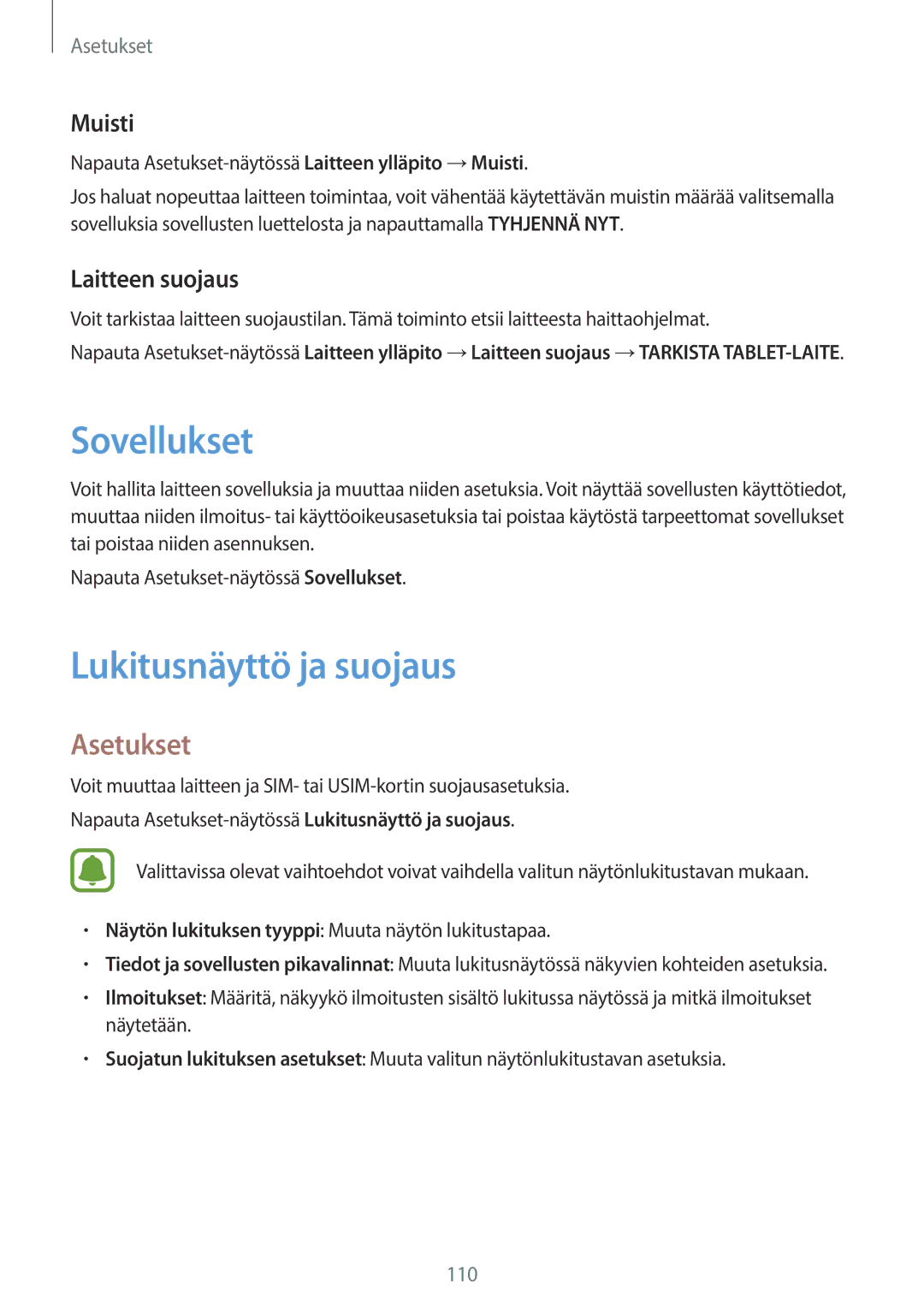 Samsung SM-T715NZWENEE, SM-T815NZWENEE manual Sovellukset, Lukitusnäyttö ja suojaus, Muisti, Laitteen suojaus 