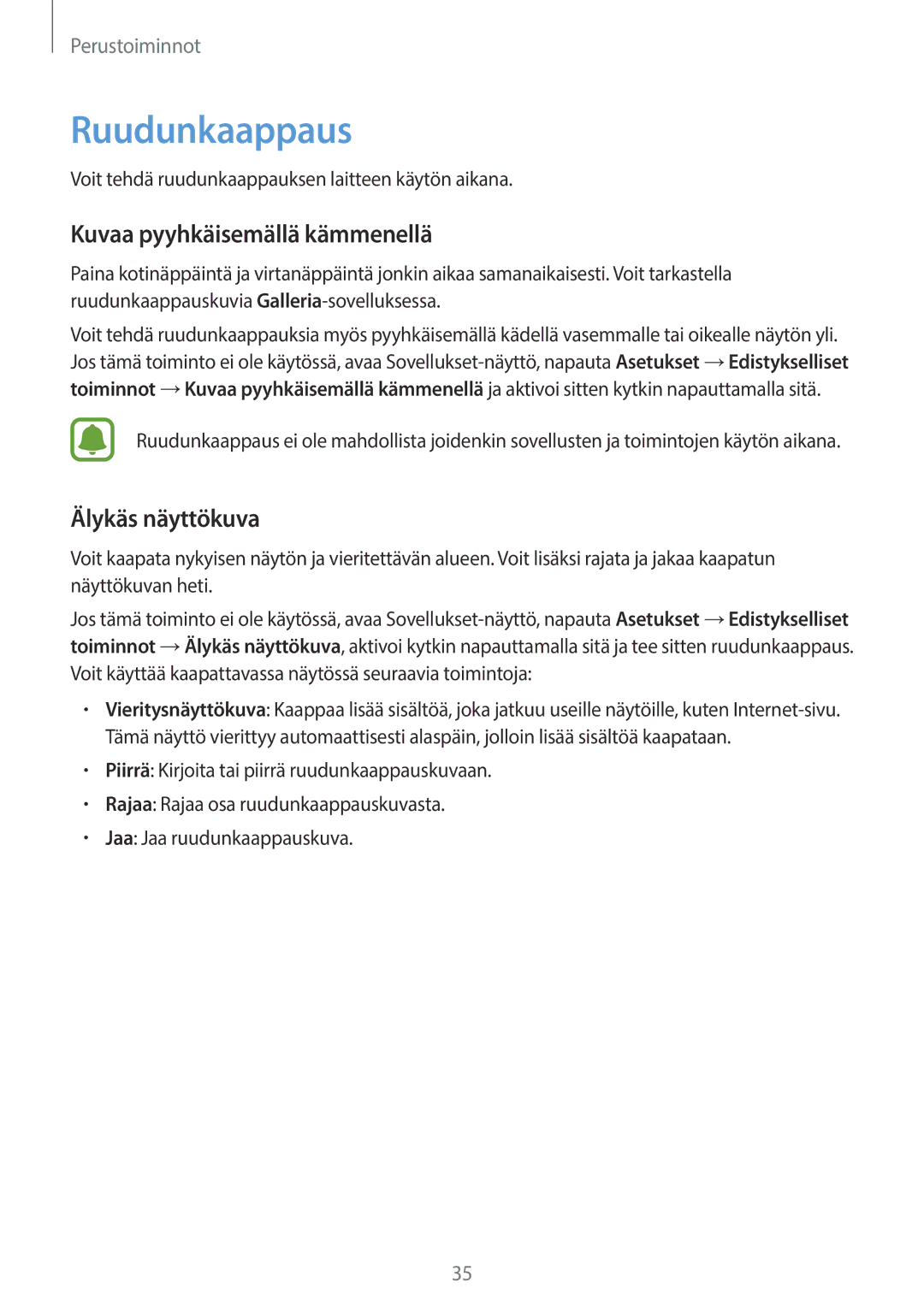 Samsung SM-T815NZWENEE, SM-T715NZWENEE manual Ruudunkaappaus, Kuvaa pyyhkäisemällä kämmenellä, Älykäs näyttökuva 