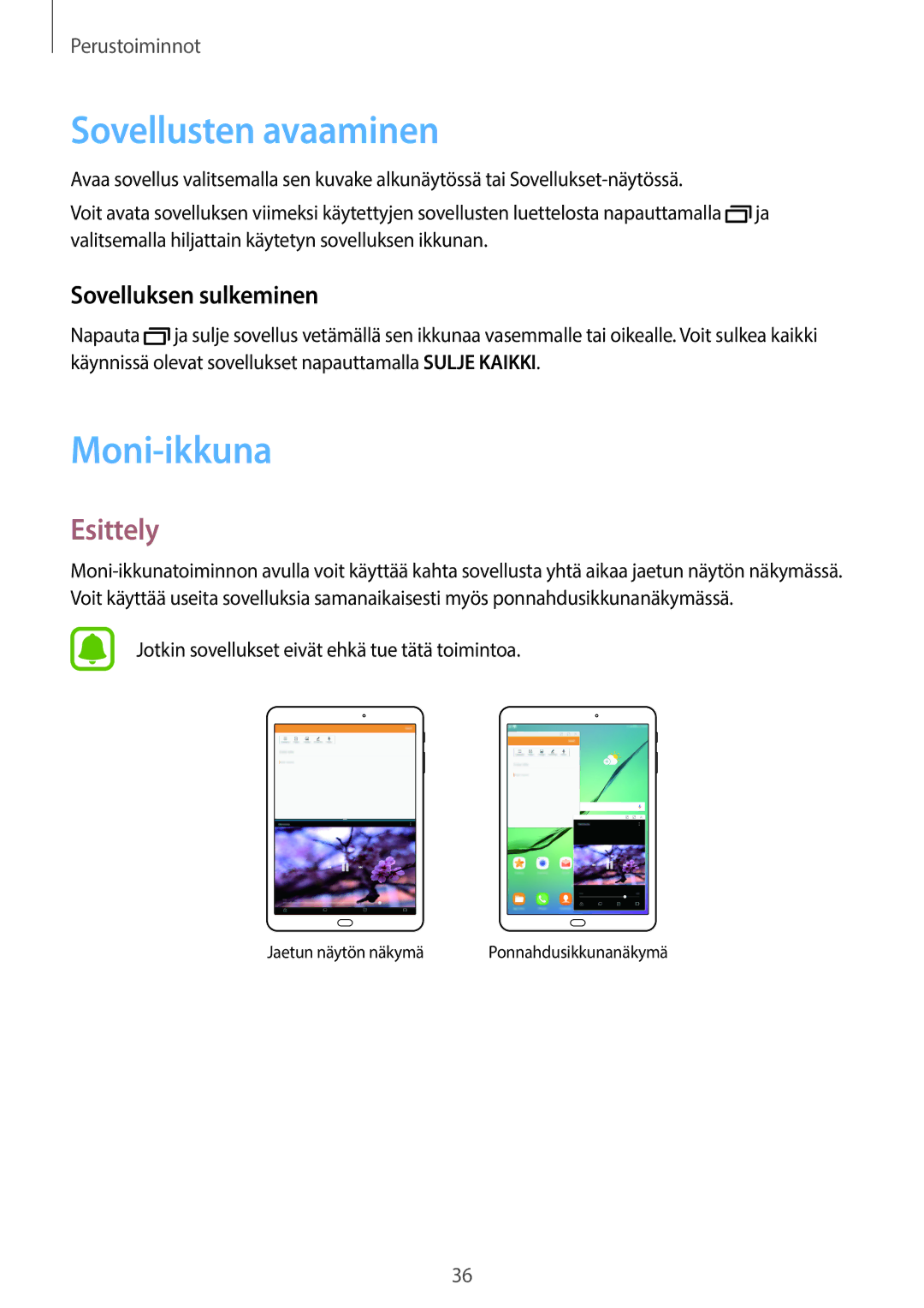 Samsung SM-T715NZWENEE, SM-T815NZWENEE manual Sovellusten avaaminen, Moni-ikkuna, Esittely, Sovelluksen sulkeminen 