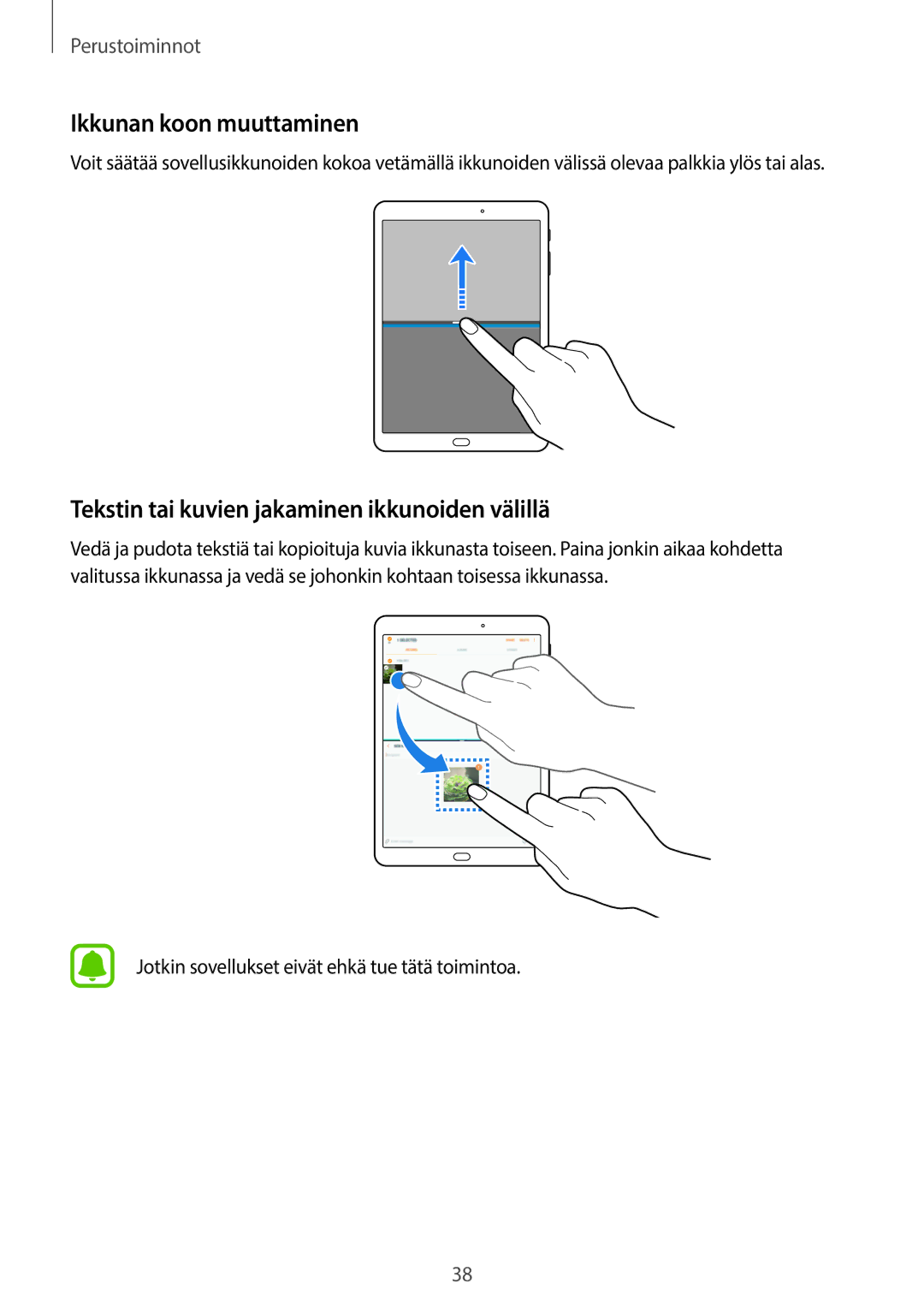 Samsung SM-T715NZWENEE, SM-T815NZWENEE manual Ikkunan koon muuttaminen, Tekstin tai kuvien jakaminen ikkunoiden välillä 