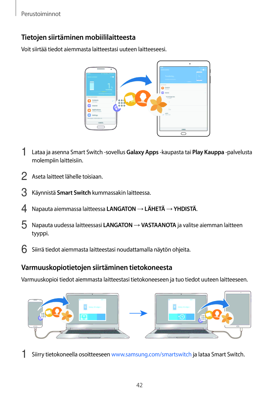 Samsung SM-T715NZWENEE manual Tietojen siirtäminen mobiililaitteesta, Varmuuskopiotietojen siirtäminen tietokoneesta 