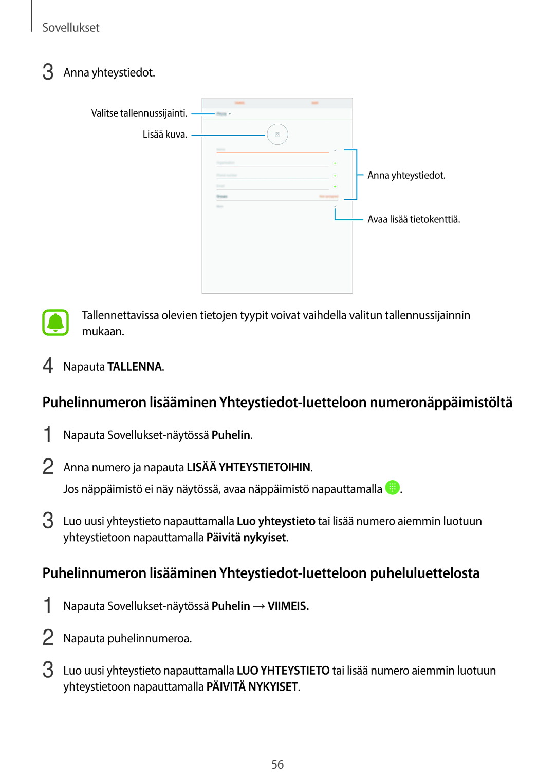 Samsung SM-T715NZWENEE, SM-T815NZWENEE manual Anna yhteystiedot 