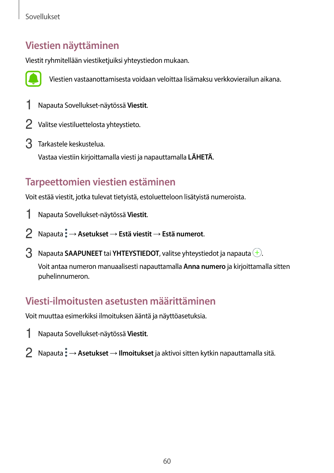 Samsung SM-T715NZWENEE Viestien näyttäminen, Tarpeettomien viestien estäminen, Viesti-ilmoitusten asetusten määrittäminen 