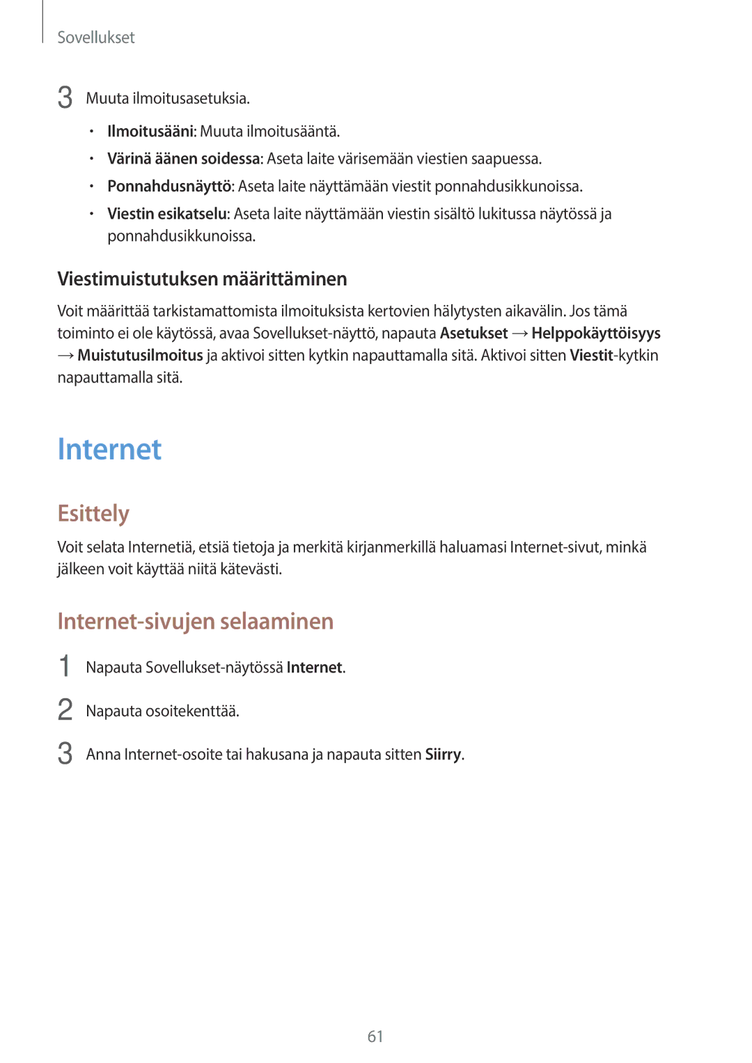 Samsung SM-T815NZWENEE, SM-T715NZWENEE manual Internet-sivujen selaaminen, Viestimuistutuksen määrittäminen 