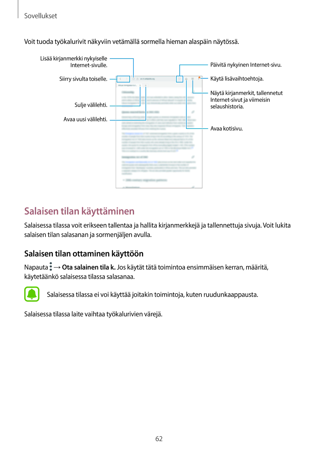 Samsung SM-T715NZWENEE, SM-T815NZWENEE manual Salaisen tilan käyttäminen, Salaisen tilan ottaminen käyttöön 