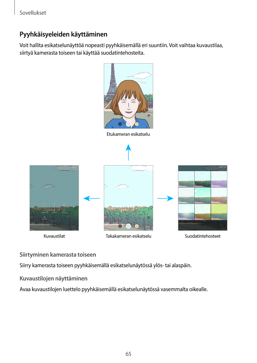 Samsung SM-T815NZWENEE, SM-T715NZWENEE manual Pyyhkäisyeleiden käyttäminen, Kuvaustilojen näyttäminen 