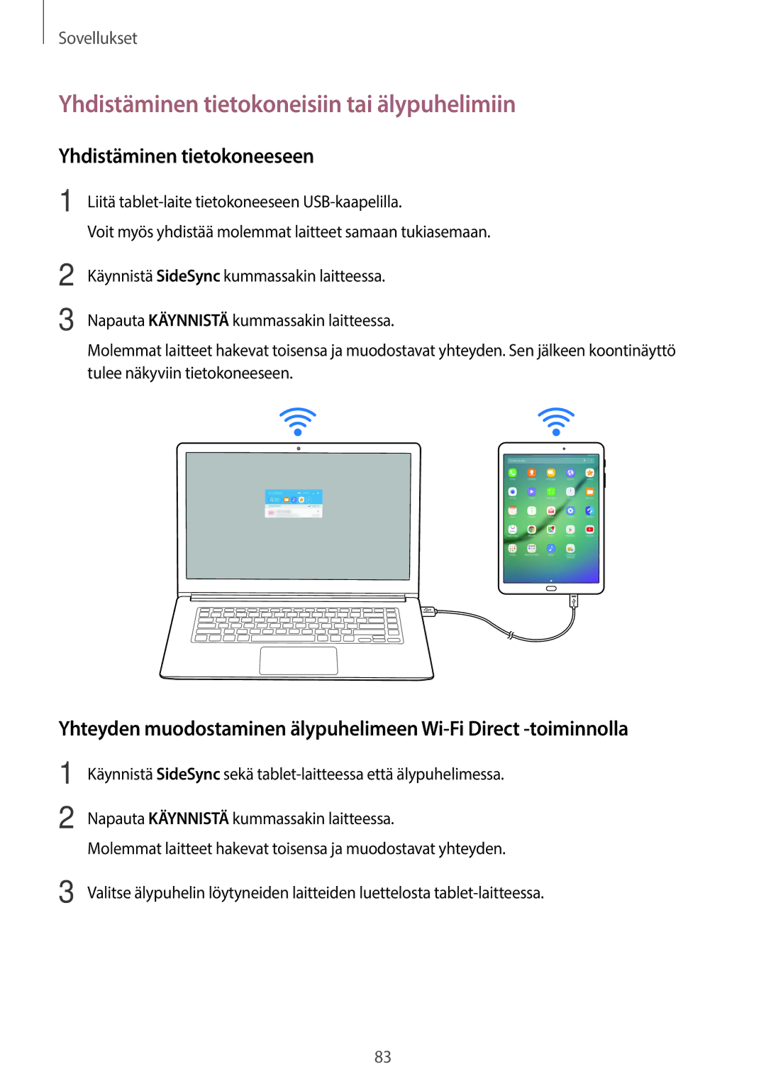 Samsung SM-T815NZWENEE, SM-T715NZWENEE manual Yhdistäminen tietokoneisiin tai älypuhelimiin, Yhdistäminen tietokoneeseen 