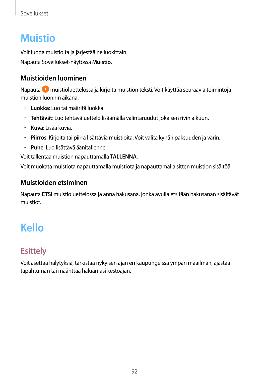 Samsung SM-T715NZWENEE, SM-T815NZWENEE manual Kello, Muistioiden luominen, Muistioiden etsiminen 