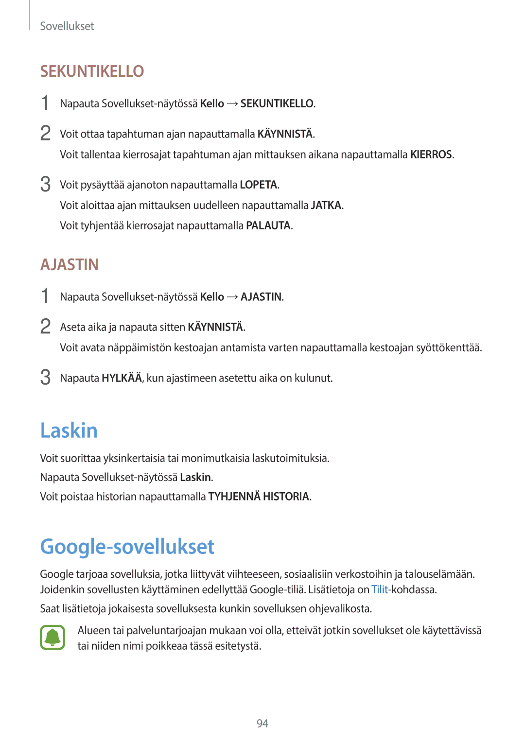 Samsung SM-T715NZWENEE, SM-T815NZWENEE manual Laskin, Google-sovellukset 