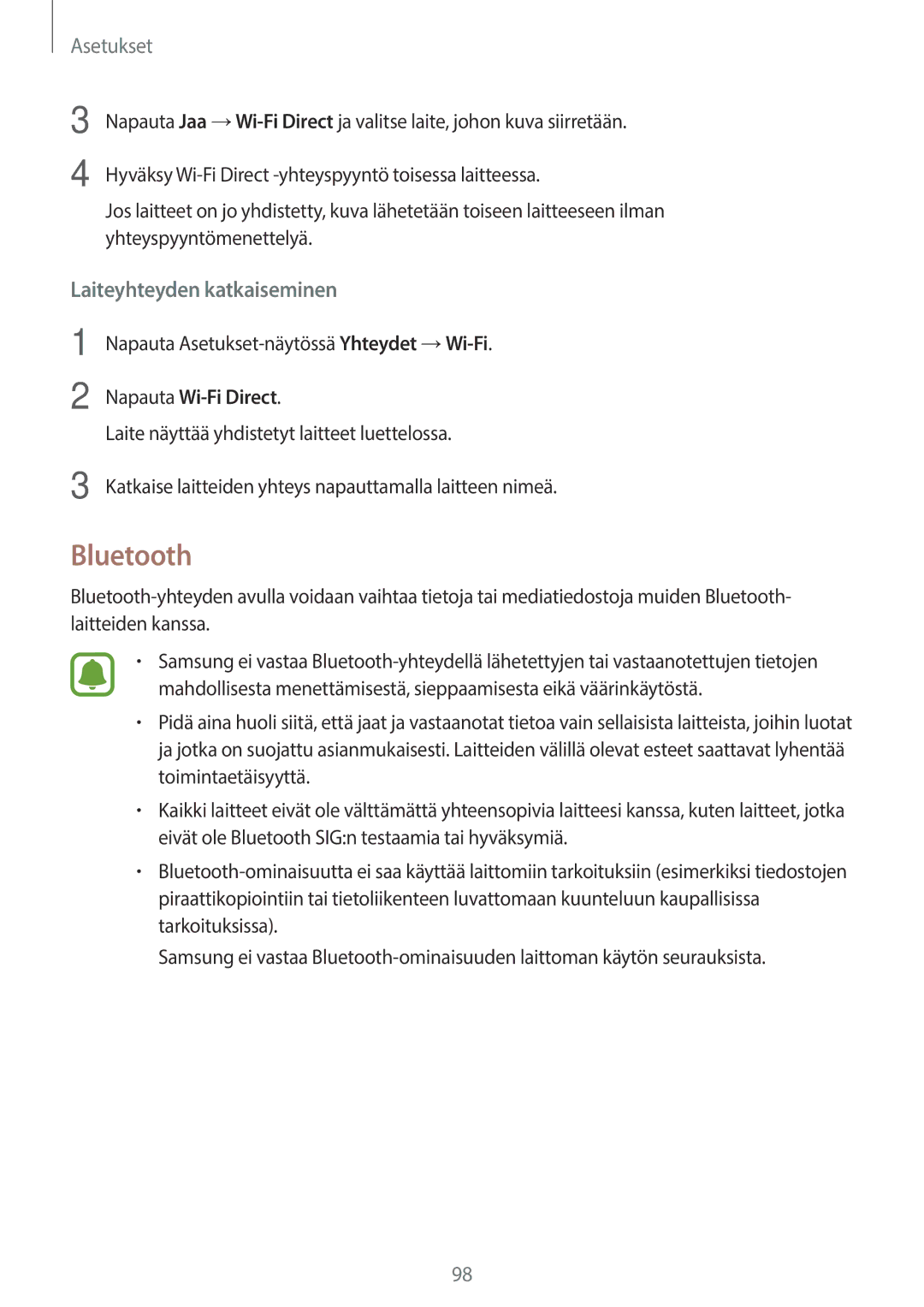 Samsung SM-T715NZWENEE, SM-T815NZWENEE manual Bluetooth, Laiteyhteyden katkaiseminen 