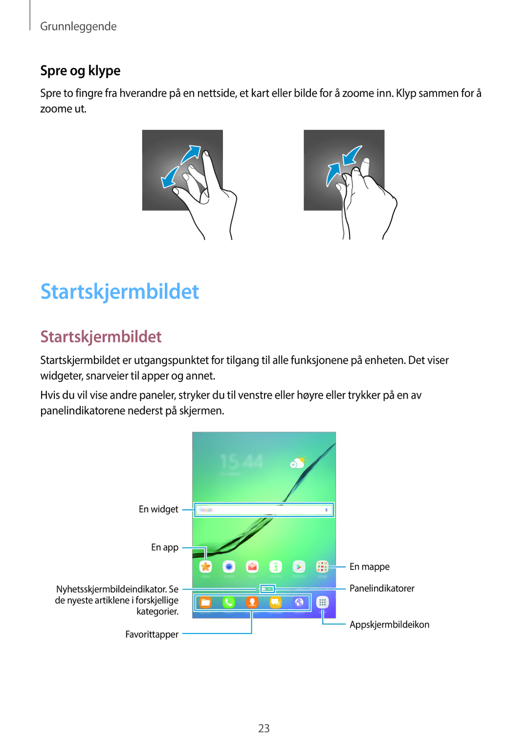 Samsung SM-T815NZWENEE, SM-T715NZWENEE manual Startskjermbildet, Spre og klype 